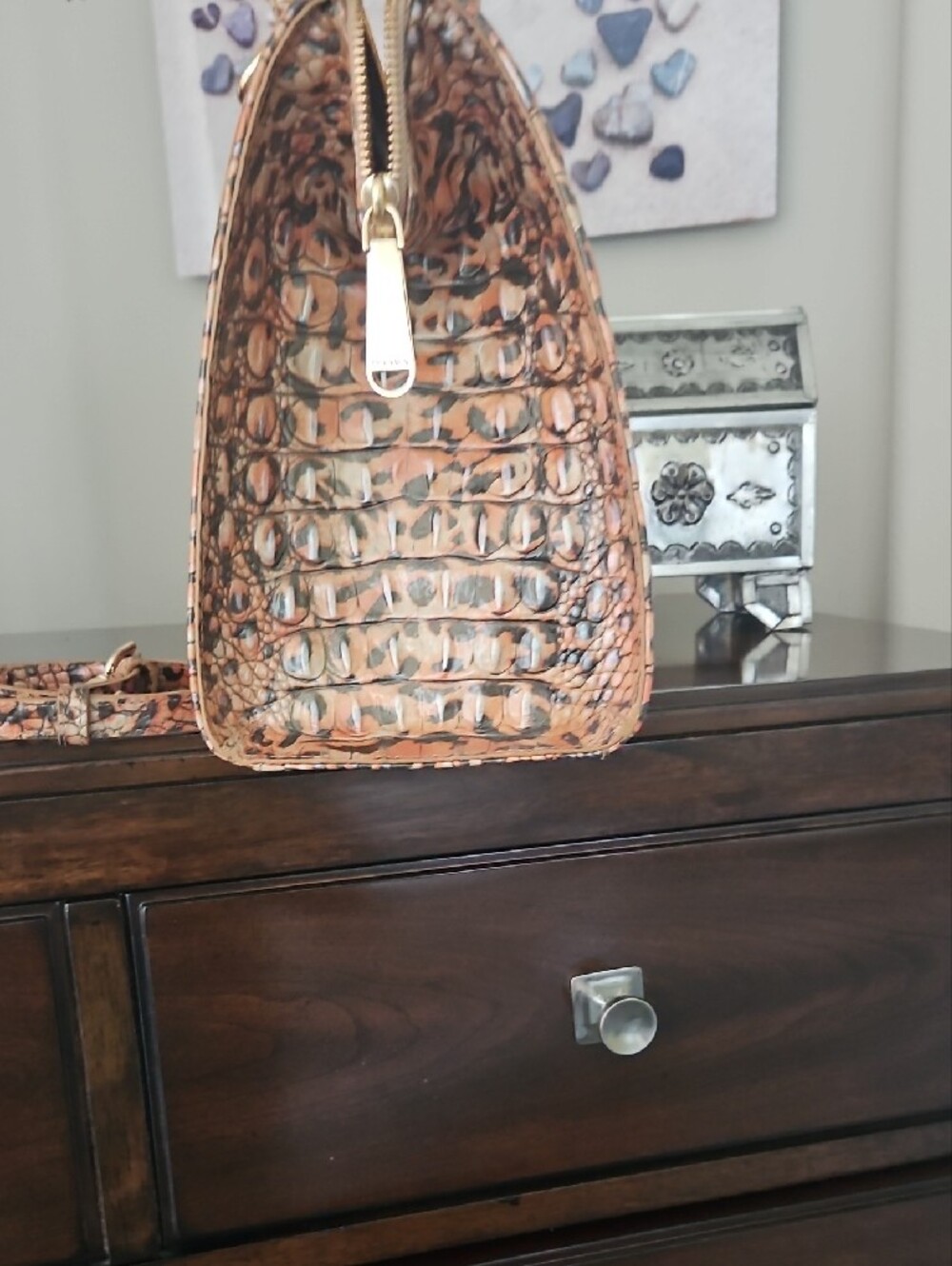 Brahmin Leopard Small Caroline Croc-Embossed Satchel in Tan and Black - Picture 4 of 10